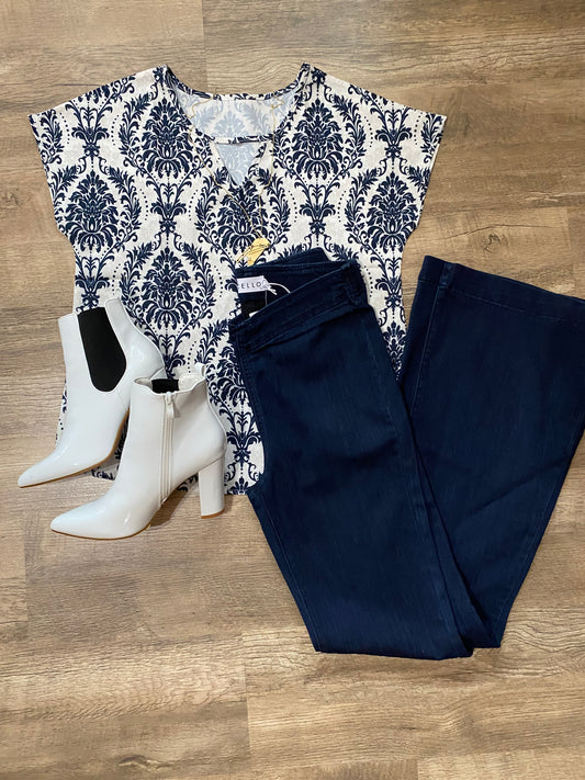 Navy Blue Print Blouse